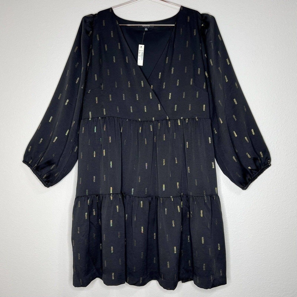 Madewell Black & Gold Metallic Jacquard Faux Wrap Tiered Mini Dress XL NWT - Picture 5 of 16